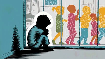 Silhouette of Boy Behind Glass Wall Separated from Playing Children,Lonely Boy Silhouette Behind Glass Wall, Symbolic Boy Illustration in Isolation