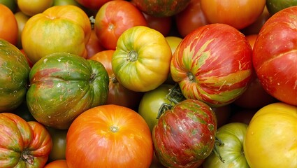 Vibrant heirloom tomatoes in assorted colors and shapes