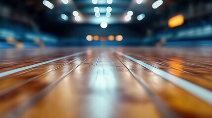 Blurred Futsal Arena Indoor Court with Polished Wooden Floor and Dramatic Lighting