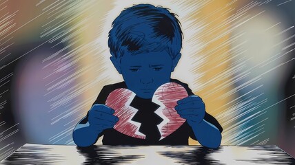 Boy Silhouette with Torn Heart Symbolizing Childhood Emotions, Emotional Silhouette of Boy at Desk with Broken Paper Heart, Symbolic Silhouette of Sad Boy with Torn Heart