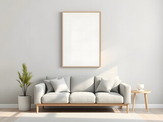 Naklejka premium 3D Simple Living Room Design Mockup – Close-Up of ISO A Paper Frame Above Sofa