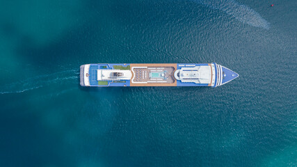 Luxurious cruise ship top deck with blue pool, luxurious maritime lifestyle, maritime tourism