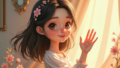 Beautiful girl waving goodbye with a serene smile, warm farewell