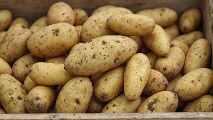 Fresh fingerling potatoes in various shades of yellow and brown nestled in a rustic wooden crate