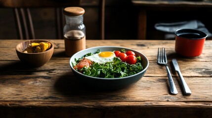 Healthy breakfast bowl with egg, salad, tomatoes, and roasted potatoes on rustic wooden table.