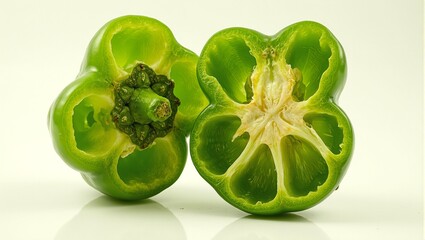 Fresh green bell pepper revealing seeds and core under soft light