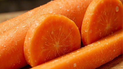 Freshly sliced carrot with vibrant core and water droplets under soft light