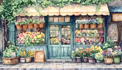 Watercolor depiction a whimsical flower shop facade, complete with hanging baskets and vintage signage.