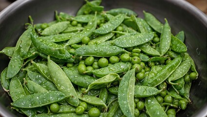 Freshly washed snap peas with water droplets vibrant and translucent revealing round peas within