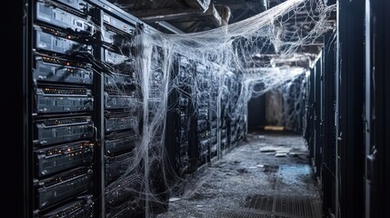 Abandoned server room with cobwebs.