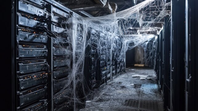 Abandoned server room with cobwebs.