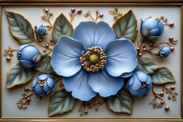 Fototapeta premium Decorative relief of blue flowers and buds with intricate detailing.