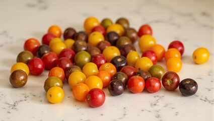 Obraz premium Colorful heirloom cherry tomatoes on marble countertop shiny vibrant a visual feast