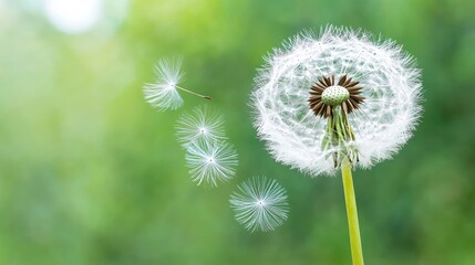 Obraz premium Dandelion seeds blowing in wind, green background, nature, springtime, card design