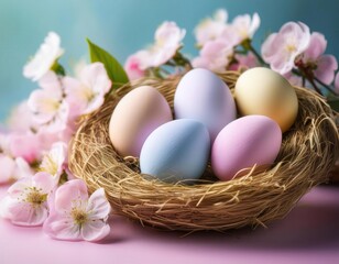 Colorful Easter eggs in a nest surrounded by soft spring flowers