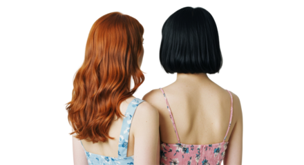 back view of women, women standing on transparent background, model, body shape, hair, long hair, short hair,