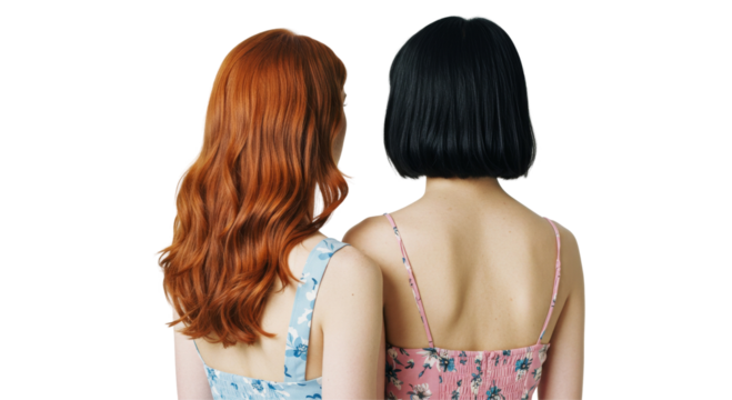 back view of women, women standing on transparent background, model, body shape, hair, long hair, short hair,