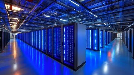 Modern server racks with blinking lights in a sleek data center. High-tech atmosphere.