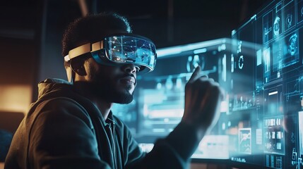 An augmented reality development studio, creative workspace with AR headsets and interactive design tools, Innovative style