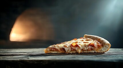 Delicious pepperoni pizza slice on rustic wood, oven background, food photography for menu