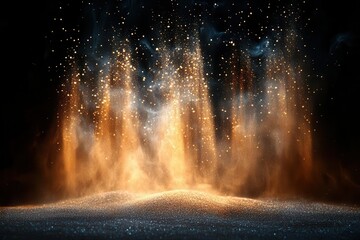 dynamic sand particles suspended in darkness backlit explosion effect creating ethereal patterns against black void