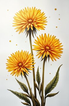 Luxury floral oil painting features three golden dandelions on a white background. Detailed brushstrokes create a textured effect. Elegant and sophisticated design. Ideal for home decor or art prints.