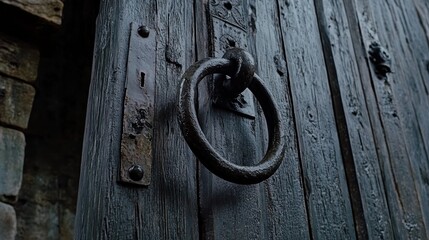 Ancient Wooden Door with Wrought Iron Ring