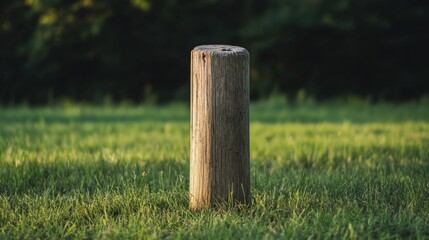 Naklejka premium Weathered wooden post in grassy field.