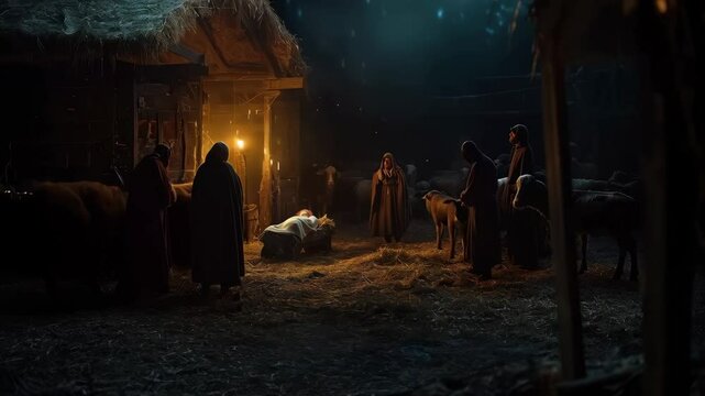 Nighttime nativity scene with figures and animals in a rustic barn setting