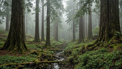 Fototapeta premium Enchanted temperate rainforest with towering redwoods and moss covered trunks streams flowing below