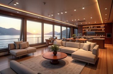 Fototapeta premium Luxury yacht salon features modern design with comfortable seating areas. Large windows offer stunning views of ocean, mountains. Natural light bathes space. Dining area, kitchen integrated