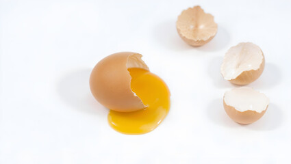 A broken egg with yolk and shells scattered, representing food, cooking, or ingredient concepts. Generative AI