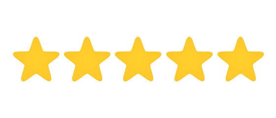 Five star rating. Five-star customer product rating reviews. Customer feedback. 5 star rating review. Isolated on transparent background. Flat design. 