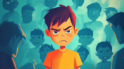 A boy getting bullied concept. In a colorful illustration, a young boy stands at the center with an annoyed expression, surrounded by shadowy figures representing confusion and isolation.