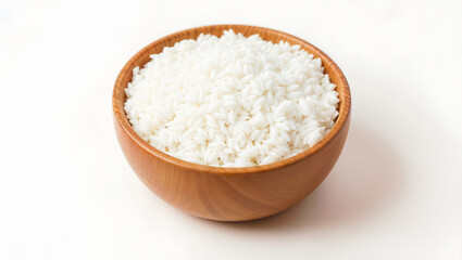 A close-up of white rice in a wooden bowl, perfect for concepts related to food and culture isolated on white background. Generative AI