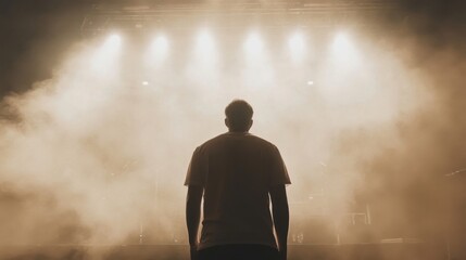 Obraz premium Silhouetted man facing bright stage lights and smoke.