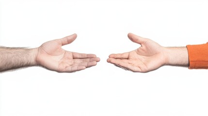 Two hands reaching towards each other, isolated on white background.