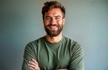 Handsome man with beard smiles at camera. He stands in studio against plain background. He wears casual attire. Friendly, approachable expression. Modern portrait. Good for business or personal use.