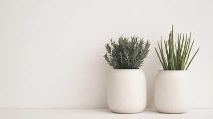 Two potted herbs, rosemary and chives, on a white surface against a white wall.