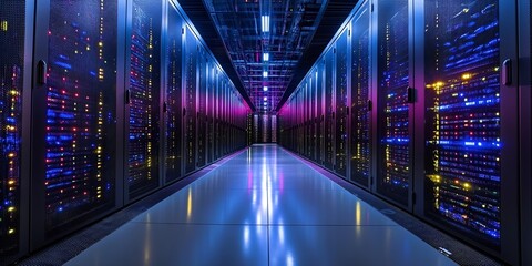 Modern server racks with blinking lights in a sleek data center. High-tech atmosphere.