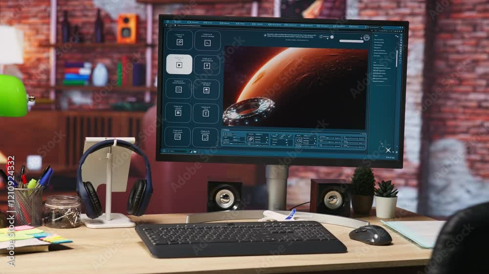 Poster computer in apartment office with generative artificial intelligence website generating videos using