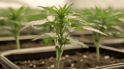 Fototapeta premium Young cannabis plants growing in containers indoors.
