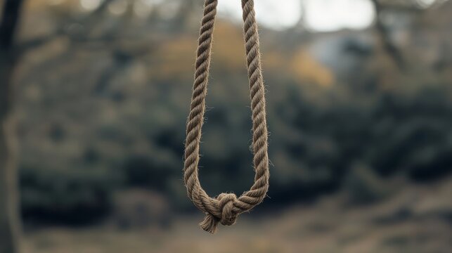 A noose hangs from a tree branch against a blurred background.