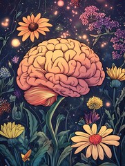 A vibrant brain surrounded by colorful flowers.