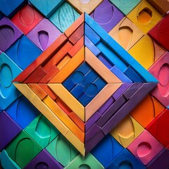 Fototapeta premium A vibrant composition of interlocking geometric shapes in diverse colors, representing unity and connection. Each shape has unique textures to symbolize individuality within a collective.