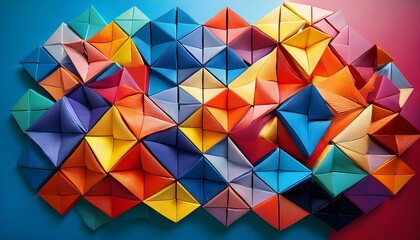 Obraz premium A vibrant composition of interlocking geometric shapes in diverse colors, representing unity and connection. Each shape has unique textures to symbolize individuality within a collective.