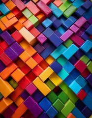 A vibrant composition of interlocking geometric shapes in diverse colors, representing unity and connection. Each shape has unique textures to symbolize individuality within a collective.