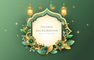 Beautiful floral Ramadan Kareem greeting design on green background with gold ornament star, moon and lanterns. Suitable for raya and ramadan template concept.