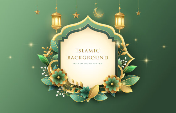 Beautiful floral Ramadan Kareem greeting design on green background with gold ornament star, moon and lanterns. Suitable for raya and ramadan template concept.