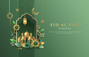 Minimalist Ramadan Kareem greeting design template with flowers and gold islamic lanterns, star and moon. Suitable for raya and ramadan template design concept.